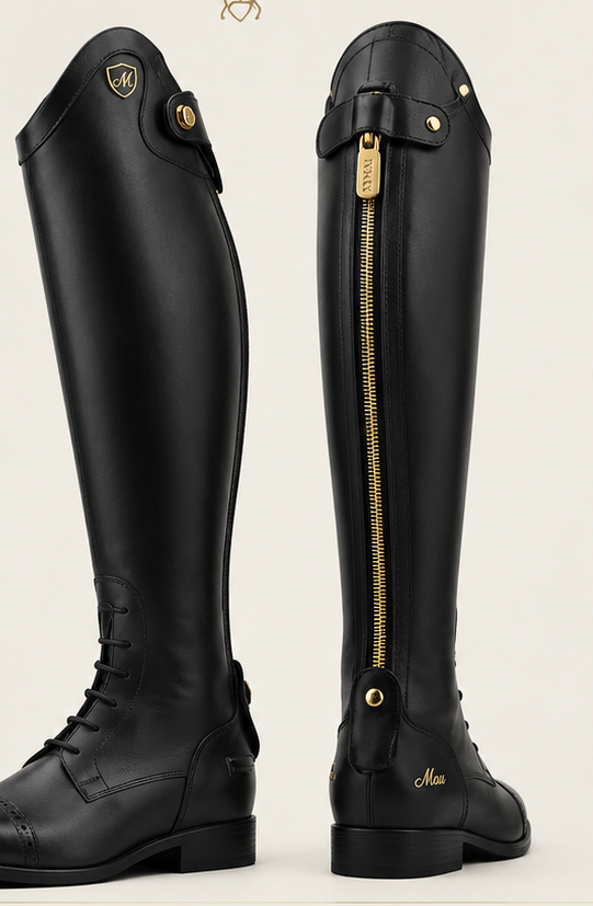 The Protector tall riding boot in black leather with gold hardware